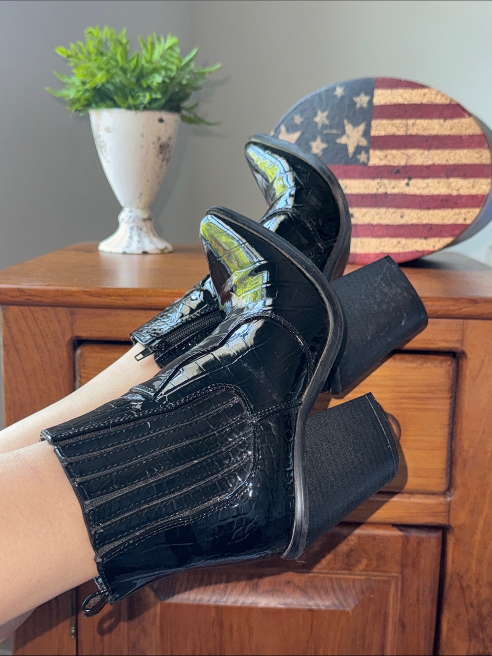 Forever 21 Black Patent Croc-Embossed Ankle Booties